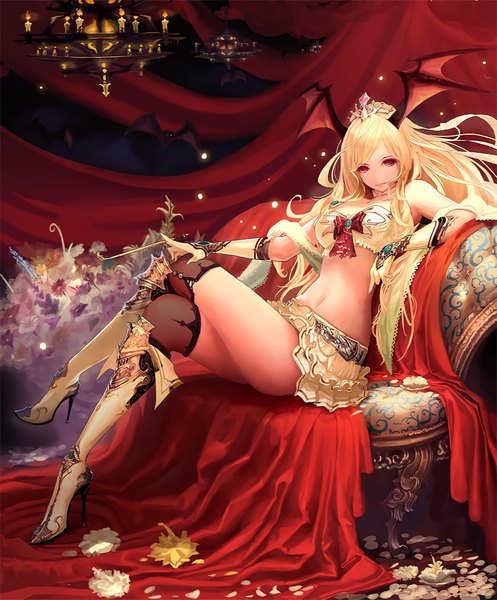 Anime picture 848x1024 with shingeki no bahamut shadowverse queen vampire (shadowverse) tachikawa mushimaro (bimo) single long hair tall image looking at viewer breasts light erotic blonde hair large breasts sitting bare shoulders absurdres full body bent knee (knees) pink eyes light smile bare belly