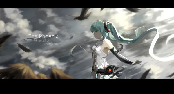 イラスト 2400x1300 と ボーカロイド vocaloid append 初音ミク 初音ミクappend mivit 長髪 前髪 highres 青い目 wide image ツインテール 肩出し 青い髪 looking away cloud (clouds) 風 letterboxed spread arms 女の子 袖だけ