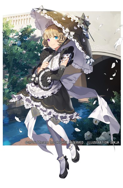 Anime picture 535x817 with valkyrie connect sasha (valkyrie connect) sorolp single tall image looking at viewer short hair blonde hair full body light smile inscription wide sleeves maid heterochromia girl dress uniform flower (flowers) plant (plants) detached sleeves