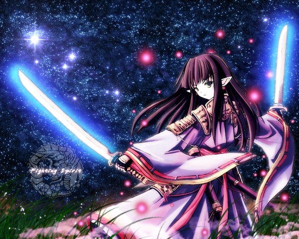 Anime picture 1280x1024 with tagme (copyright) kotonemaru single long hair fringe holding traditional clothes head tilt japanese clothes looking back pointy ears night grey eyes night sky serious dual wielding glowing weapon girl gloves weapon