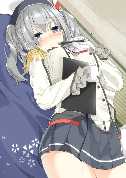 Anime picture 2508x3541 with kantai collection kashima training cruiser kamioka shun'ya single tall image looking at viewer blush fringe highres short hair blue eyes hair between eyes twintails holding lying pleated skirt grey hair on back embarrassed short twintails
