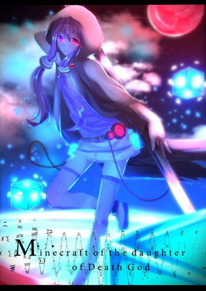 Anime picture 848x1200 with vocaloid yuzuki yukari kagayan1096 single long hair tall image looking at viewer purple eyes twintails purple hair low twintails glowing letterboxed glowing eye (eyes) red moon girl thighhighs dress hood moon