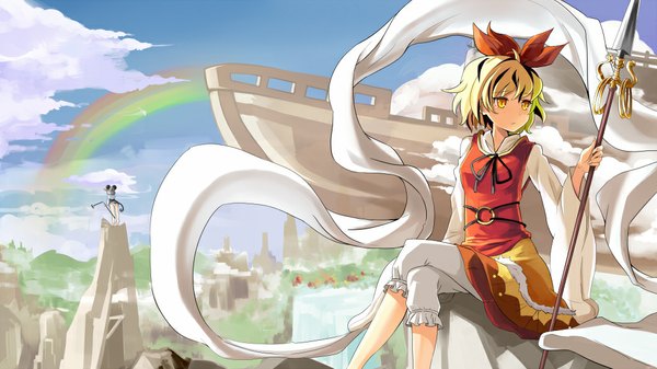 Anime picture 1030x579 with touhou nazrin toramaru shou emerane short hair black hair blonde hair wide image standing sitting multiple girls animal ears yellow eyes sky cloud (clouds) tail animal tail from behind wide sleeves crossed legs