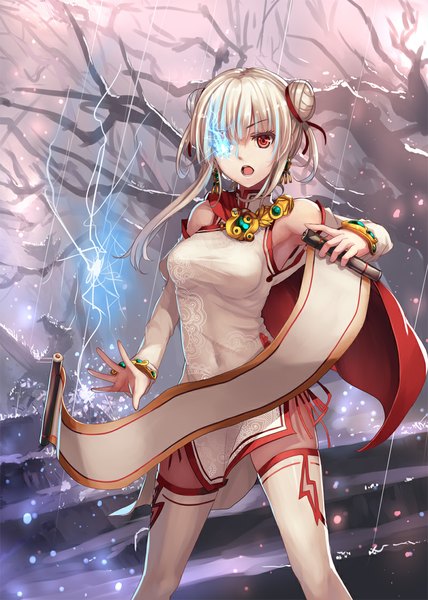 Anime picture 800x1120 with original musynexsk single long hair tall image open mouth red eyes white hair magic chinese clothes girl thighhighs plant (plants) white thighhighs tree (trees) chinese dress scroll