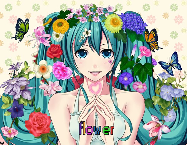 Anime picture 1112x866 with vocaloid hatsune miku ytoy single long hair looking at viewer open mouth smile twintails bare shoulders hair flower aqua eyes aqua hair fingers together girl dress hair ornament flower (flowers) heart white dress