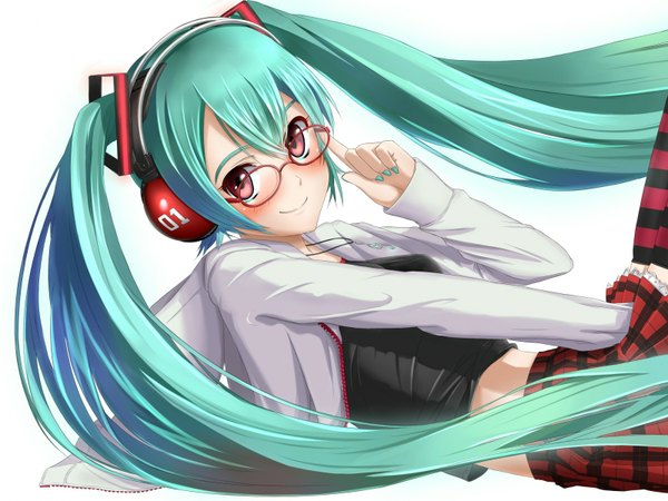 Anime picture 1600x1200 with vocaloid kocchi muite baby (vocaloid) hatsune miku tagme (artist) single long hair blush smile red eyes white background twintails aqua hair open clothes open jacket plaid skirt girl thighhighs skirt headphones striped thighhighs