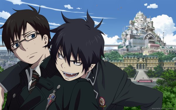 Anime picture 2560x1600 with ao no exorcist a-1 pictures okumura rin okumura yukio mephisto pheles katou kazue highres short hair open mouth blue eyes black hair smile wide image looking away cloud (clouds) multiple boys teeth fang (fangs) twins sharp teeth