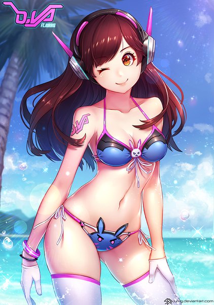 Anime picture 704x1000 with overwatch blizzard entertainment d.va (overwatch) jurrig single long hair tall image looking at viewer light erotic smile brown hair brown eyes signed sky cloud (clouds) one eye closed wink sunlight tattoo character names