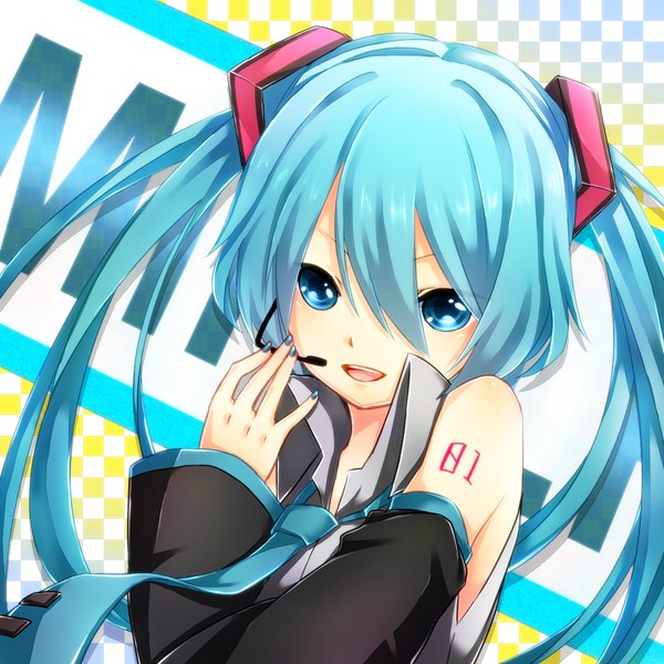 Anime picture 1024x1024 with vocaloid hatsune miku mil2 single open mouth twintails very long hair aqua eyes aqua hair girl hair ornament detached sleeves necktie
