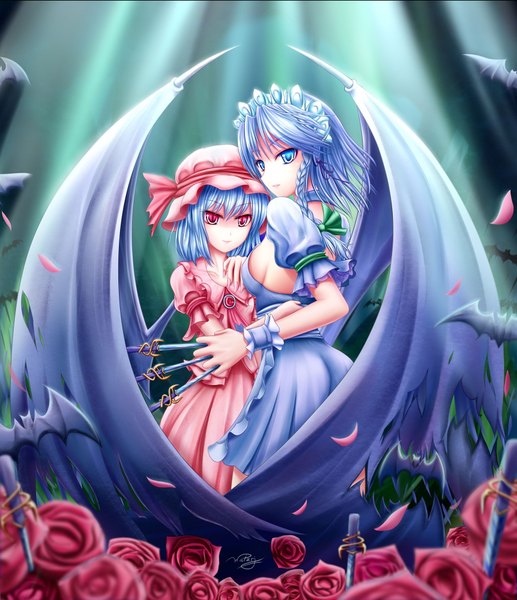 Anime picture 1748x2026 with touhou remilia scarlet izayoi sakuya walzrj tall image highres short hair blue eyes red eyes multiple girls blue hair girl dress flower (flowers) weapon 2 girls petals wings headdress rose (roses)