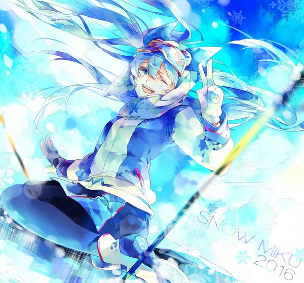 Anime picture 900x837 with vocaloid hatsune miku yuki miku yuki miku (2016) reika (artist) single looking at viewer open mouth blue eyes sitting blue hair very long hair one eye closed wind wink character names wariza victory goggles on head 2016