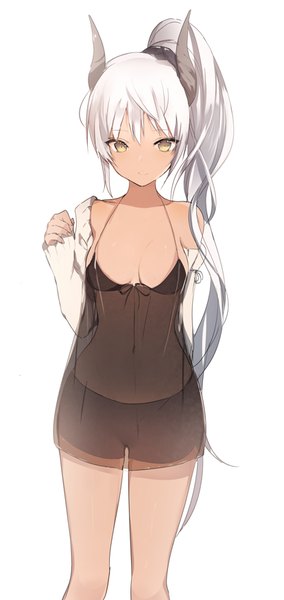 Anime picture 414x873 with original lpip single long hair tall image fringe breasts light erotic simple background standing white background yellow eyes white hair ponytail horn (horns) dark skin girl navel shorts lingerie