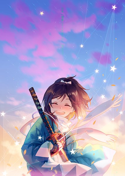Anime picture 710x1000 with touken ranbu nitroplus yamato no kami yasusada instockee single tall image blush short hair open mouth smile brown hair holding signed sky cloud (clouds) upper body outdoors ponytail eyes closed long sleeves
