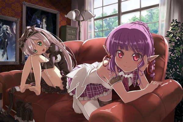 Anime picture 1800x1200 with beek (artist) highres red eyes multiple girls green eyes purple hair white hair barefoot pointy ears arm support loli elf chin rest girl thighhighs dress 2 girls earrings window couch