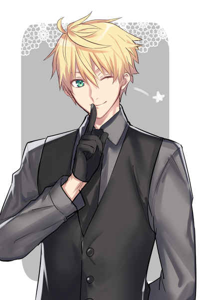 Anime picture 624x932 with fate (series) fate/prototype arthur pendragon (fate) seseragi azuma single tall image fringe short hair blonde hair smile hair between eyes green eyes upper body one eye closed wink finger to mouth boy gloves shirt black gloves