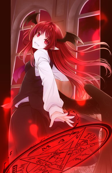 Anime picture 750x1150 with touhou koakuma crote single long hair tall image looking at viewer smile red eyes red hair magic head wings girl dress skirt wings skirt set magic circle