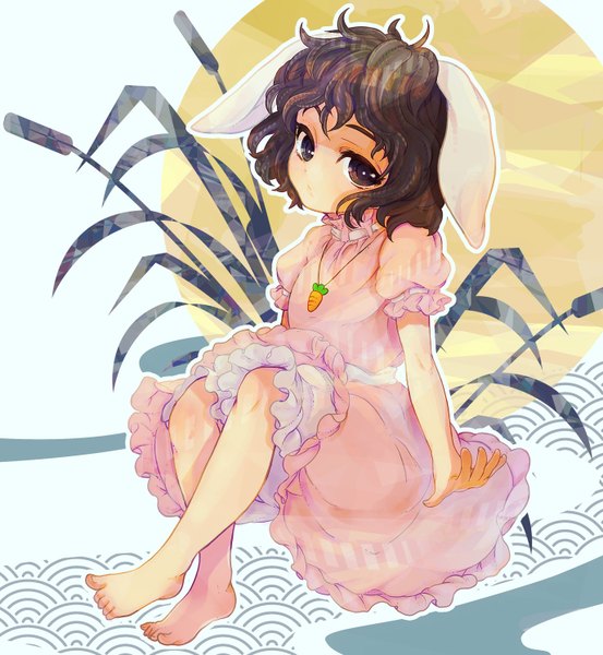 Anime picture 1376x1492 with touhou inaba tewi pepepo (kyachi) single tall image brown hair brown eyes barefoot bunny ears seigaiha girl dress child (children) vegetables carrot