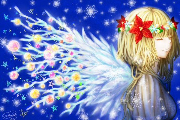 Anime picture 3888x2592 with yukimi (pixiv) single long hair highres blonde hair simple background signed absurdres sky eyes closed hair flower light smile christmas blue background girl hair ornament flower (flowers) wings star (symbol) snowflake (snowflakes)