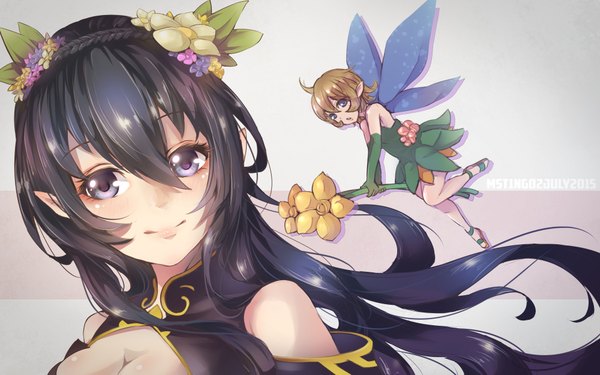 Anime picture 4000x2500 with puzzle & dragons mst1ng long hair blush fringe highres short hair blue eyes black hair simple background brown hair purple eyes multiple girls absurdres light smile pointy ears fantasy fairy girl flower (flowers)