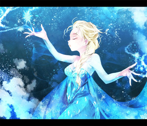 Anime picture 900x767 with frozen (disney) disney elsa (frozen) kamari (kama ri) single long hair breasts open mouth blonde hair bare shoulders braid (braids) eyes closed profile magic single braid letterboxed spread arms side braid snow girl