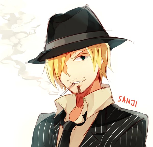 Anime picture 1017x981 with one piece toei animation sanji na-miey single fringe short hair simple background blonde hair smile white background holding payot looking away head tilt hair over one eye character names mouth hold smoke striped