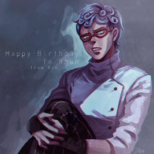 Anime picture 1000x1003 with jojo no kimyou na bouken ghiaccio rin2010 single tall image short hair simple background sitting signed blue hair grey background grey eyes grin looking down happy birthday leg hug boy glasses