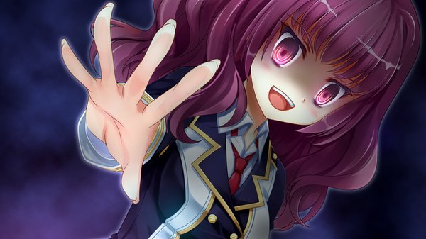 Anime picture 1024x576 with futagoza no paradox long hair looking at viewer blush open mouth wide image purple eyes game cg purple hair dark background girl uniform school uniform hand