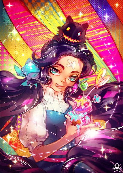 Anime picture 782x1100 with the wizard of oz original dorothy toto (wizard of oz) unkai tenshi single tall image looking at viewer blue eyes twintails purple hair very long hair :p multicolored eyes bandaid on face girl dress ribbon (ribbons) hair ribbon animal