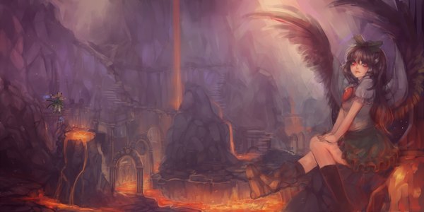 Anime picture 1600x800 with touhou tagme (character) sherry long hair red eyes wide image sitting purple hair flying black wings rock lava girl skirt bow hair bow wings stairs arch cave
