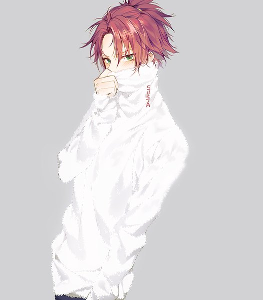 Anime picture 700x800 with ensemble stars! isara mao sorolp single tall image looking at viewer short hair simple background standing green eyes signed upper body red hair grey background covered mouth boy turtleneck