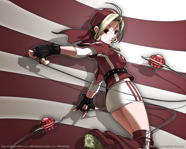 Anime picture 1280x1024 with the king of fighters snk malin (kof) falcoon single looking at viewer short hair blonde hair brown eyes looking back shadow striped third-party edit striped background girl gloves weapon earrings miniskirt socks
