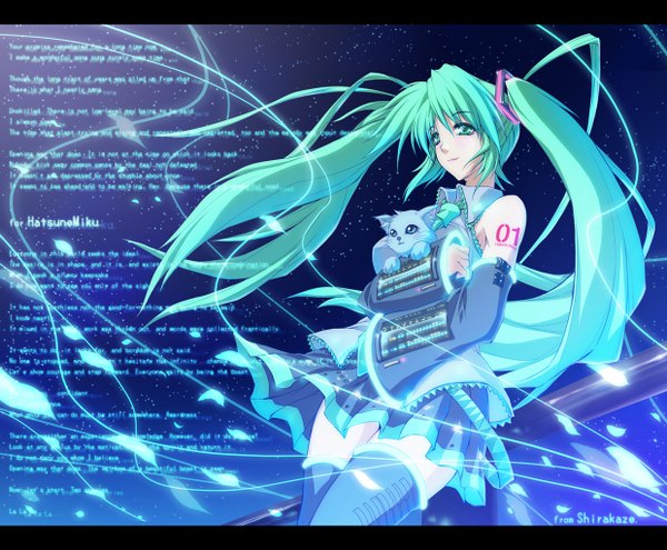 Anime picture 1240x1024 with vocaloid hatsune miku long hair smile twintails green eyes green hair girl skirt detached sleeves miniskirt necktie cat