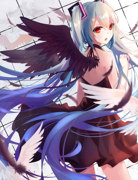 Anime picture 1000x1300 with vocaloid hatsune miku bokujuu mozhi single tall image looking at viewer blush fringe open mouth red eyes standing twintails blue hair very long hair looking back multicolored hair wind grey hair from behind