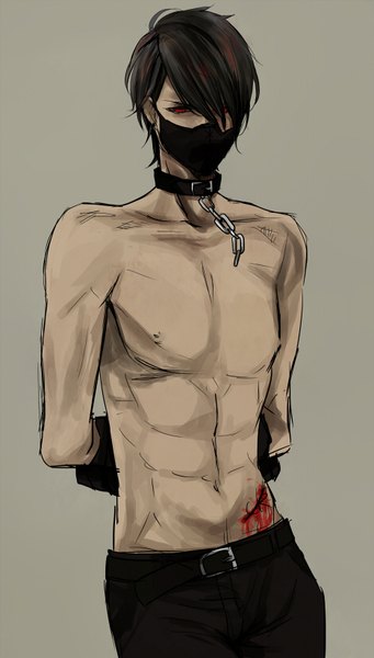 Anime picture 468x823 with lucky dog giulio di bondone komichi96 single tall image fringe short hair light erotic black hair simple background red eyes hair over one eye grey background topless hands behind back muscle boy blood chain mask