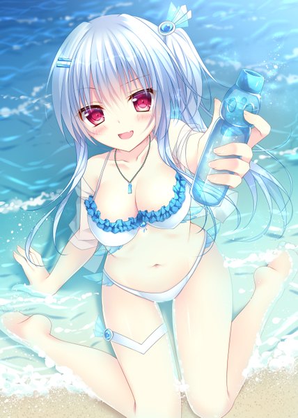 Anime picture 1000x1401 with lamunation aoumi lamune kohinata hoshimi single long hair tall image looking at viewer breasts open mouth light erotic red eyes large breasts sitting bare shoulders holding blue hair :d from above beach outstretched arm