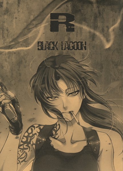 Anime picture 1148x1600 with black lagoon madhouse revy (black lagoon) hiroe rei long hair tall image looking at viewer black hair bare shoulders brown eyes ponytail wind scan official art tattoo smoke smoking girl weapon fingerless gloves