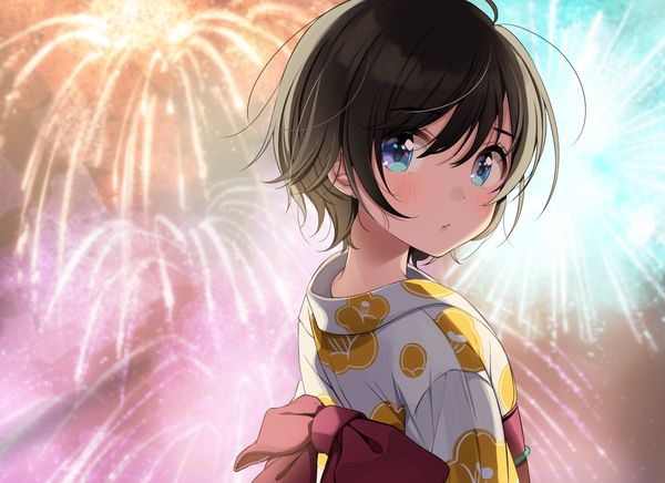 Anime picture 1500x1091 with original shigure ui single looking at viewer blush fringe short hair blue eyes black hair hair between eyes ahoge upper body traditional clothes japanese clothes looking back fireworks girl obi yukata