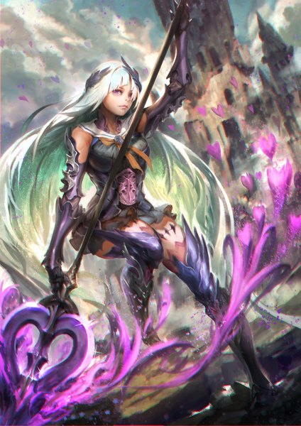 Anime picture 1059x1498 with fate (series) fate/prototype brynhildr (fate) xiansheng single tall image fringe breasts holding sky cloud (clouds) very long hair multicolored hair lips aqua hair dark skin magic gradient hair glowing weapon girl