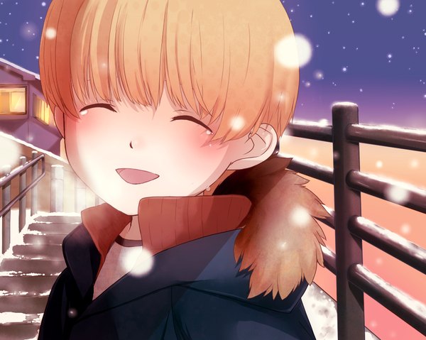 Anime picture 1024x819 with prince of tennis hiyoshi wakashi shian (my lonly life.) single short hair open mouth blonde hair smile night night sky tears light snowing winter snow boy building (buildings) moon full moon stairs