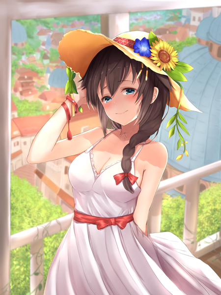 Anime picture 1620x2160 with kantai collection shigure destroyer maosame single long hair tall image blush breasts blue eyes bare shoulders cleavage braid (braids) light smile adjusting hat girl flower (flowers) bow ribbon (ribbons) hair ribbon hat