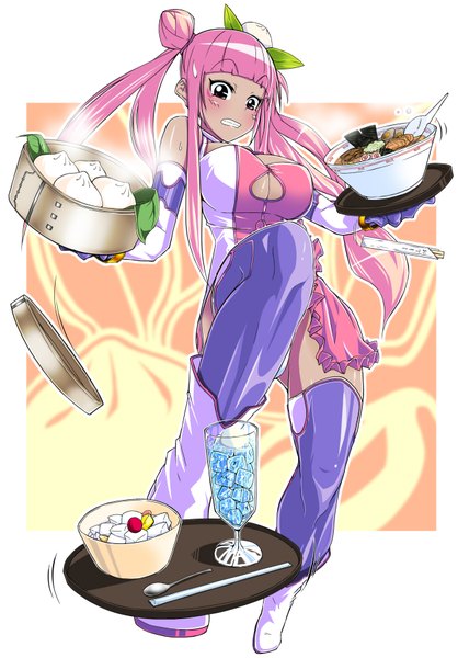 Anime picture 1253x1800 with original nikupizzau single long hair tall image blush breasts light erotic large breasts pink hair pink eyes girl thighhighs gloves elbow gloves food shoes drink tray spoon