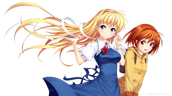 Anime picture 1250x700 with air kanon key (studio) kamio misuzu tsukimiya ayu atomix long hair blush short hair open mouth blue eyes blonde hair smile wide image white background multiple girls pink eyes orange hair girl uniform