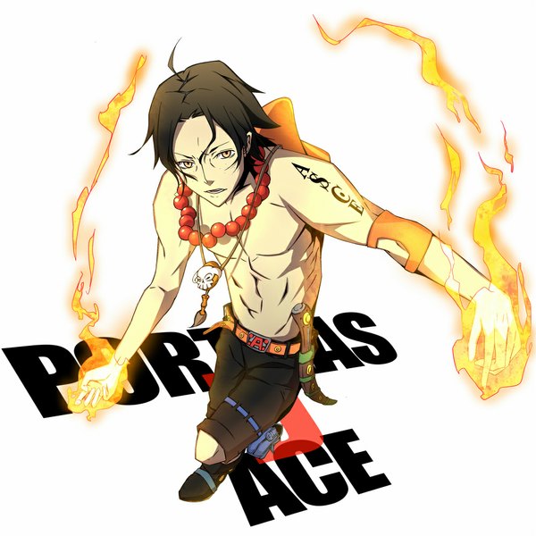 Anime picture 1000x1000 with one piece toei animation portgas d. ace sungi single short hair black hair simple background white background looking away ahoge from above tattoo character names topless freckles boy weapon hat shorts