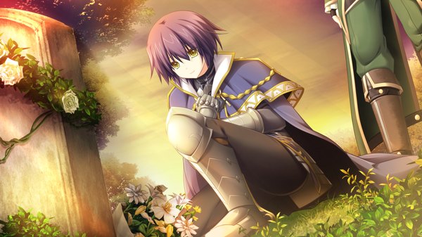 Anime picture 1280x720 with tenbin no la dea eushully short hair wide image yellow eyes game cg purple hair girl gloves flower (flowers) armor bouquet tombstone