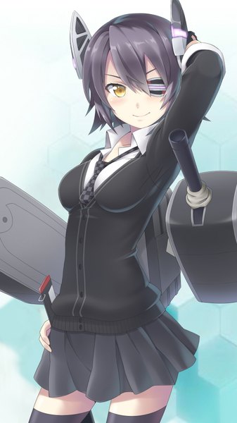 Anime picture 1080x1920 with kantai collection tenryuu light cruiser takahan single tall image looking at viewer short hair black hair smile yellow eyes zettai ryouiki girl thighhighs skirt weapon black thighhighs sweater eyepatch