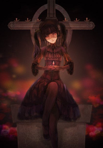 Anime picture 875x1250 with original kumita single long hair tall image looking at viewer fringe black hair sitting twintails grey eyes lacing gothic girl dress pantyhose headdress bowtie cross corset