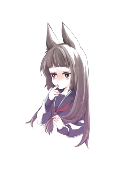 Anime picture 609x800 with yoshiharu (pixiv 4369206) single long hair tall image fringe black hair simple background white background brown eyes animal ears payot looking away blunt bangs finger in mouth girl uniform serafuku