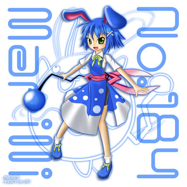 Anime picture 1200x1200 with pokemon moemon nintendo azumarill no~tsupe single looking at viewer blush fringe short hair open mouth green eyes animal ears blue hair from above inscription bunny ears character names dated spread arms
