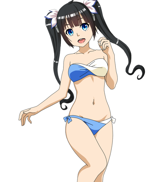 Anime picture 1500x1700 with dungeon ni deai wo motomeru no wa machigatteiru darou ka j.c. staff hestia (danmachi) shugo19 single long hair tall image fringe breasts open mouth blue eyes light erotic black hair twintails payot groin transparent background rendered girl navel