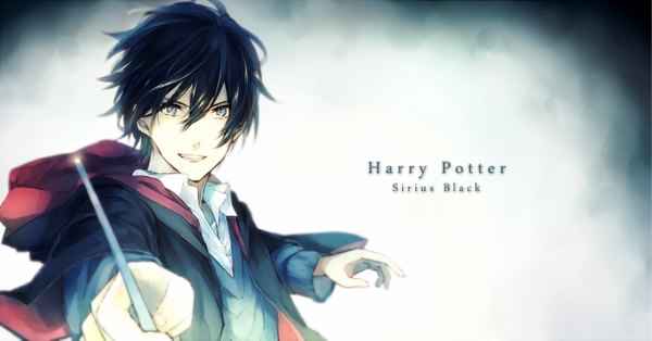 Anime picture 1300x681 with harry potter sirius black mst single looking at viewer short hair black hair smile wide image silver eyes boy sweater cloak wand